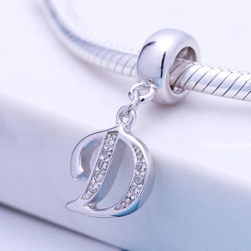 ABUN 925 Sterling Silver Charms Alphabet Beads fit Pandora Charm Bracelets A-Z Letter Initial Spacer Dangle Clear CZ Stone Authentic for Snake Chain Bracelets (D) - Image 2
